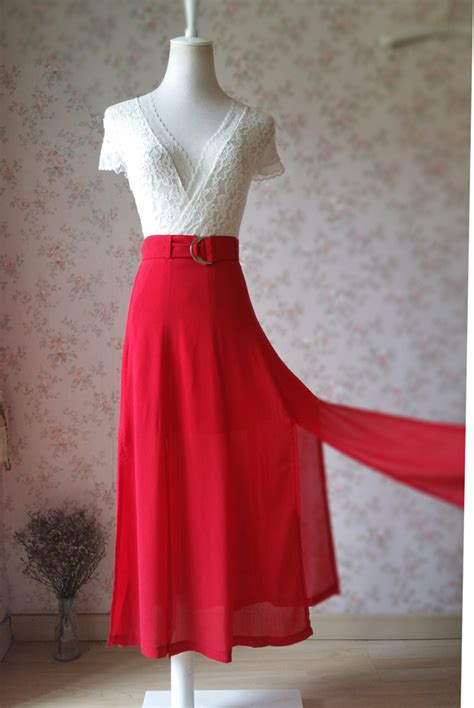 Double Slit Skirt Long Red Skirt Lady Red High Waisted Party Skirt With