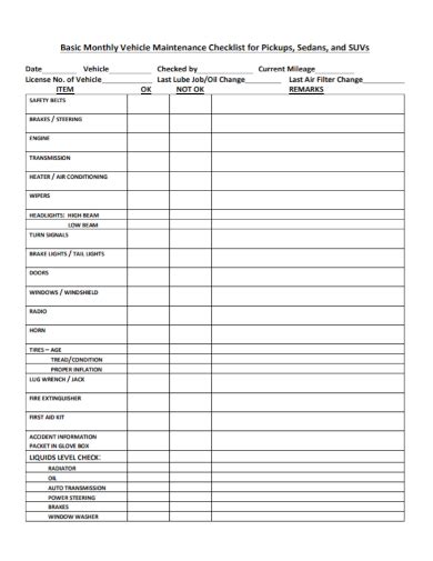 Free 12 Vehicle Maintenance Checklist Samples Preventive Service