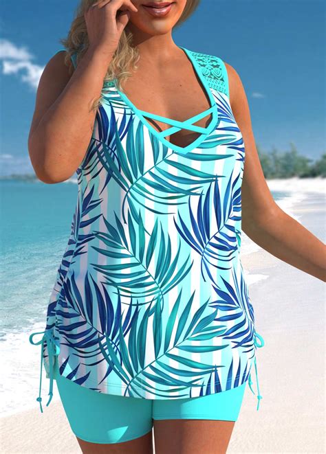 Cyan Plus Size Tropical Print Lace Stitching Tankini Set Rosewe Com