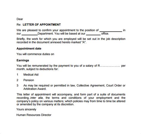 A job appointment letter also includes the terms and conditions of the employment being given to a candidate for a specific position. FREE 36+ Sample Appointment Letter Templates in PDF ...