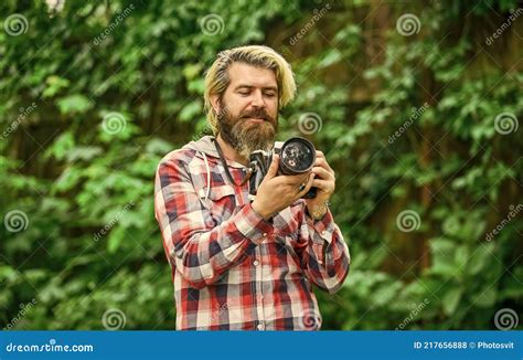 Use Camera Creating Content For Blog Bearded Man Hipster Taking Photo