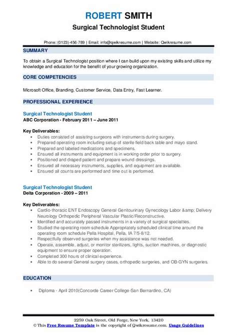 Surgical Technologist Student Resume Samples Qwikresume