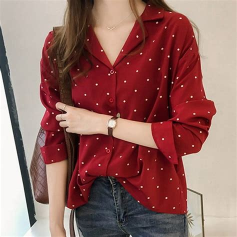 generic women polka dot printed chiffon blouse long sleeves tops red 3xl
