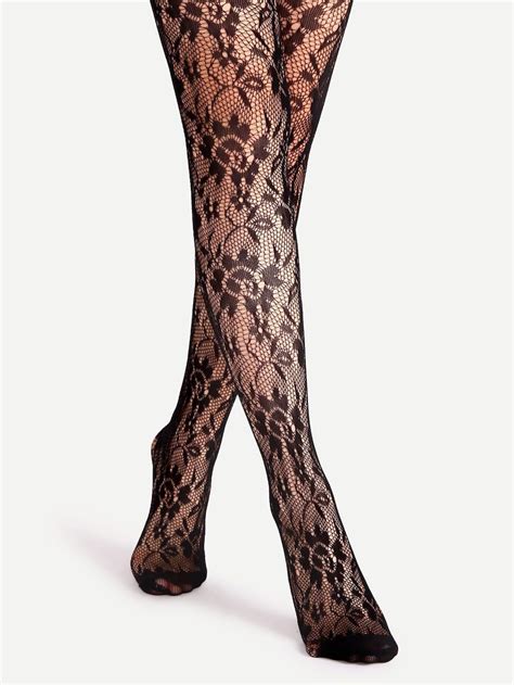 Black Floral Pattern Jacquard Pantyhose Stockings Sheinsheinside