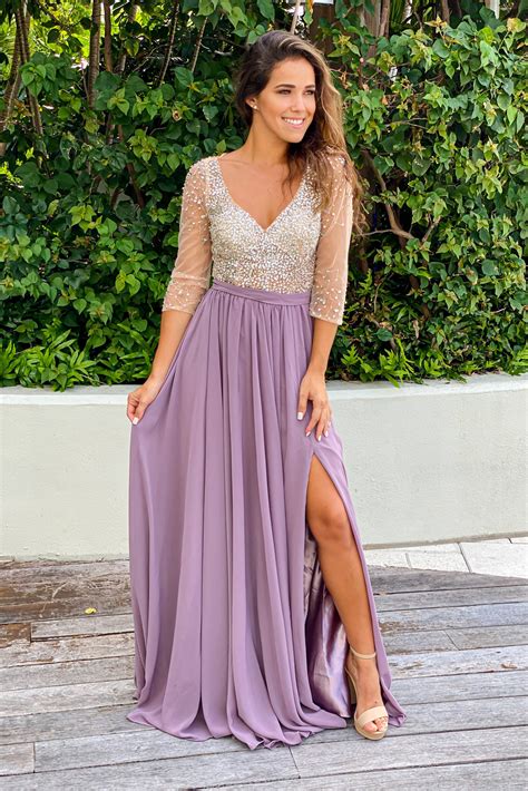Mauve Maxi Dress With Silver Jewels And 34 Sleeves Formal Dresses