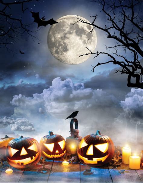 Halloween Backdrops Bat Pumpkin Lamp Photography Dark Clouds Brown Wood