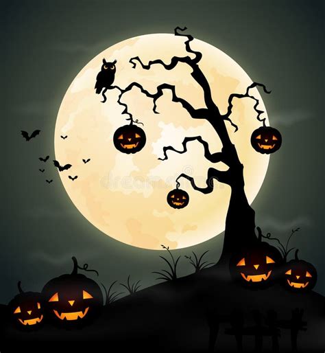 Halloween Night Background With Pumpkin Tree And Full Moon Stock