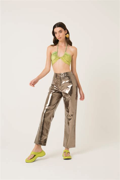 Lupe Charcoal Metallic Straight Leg High Rise Faux Leather Trousers Amylynn