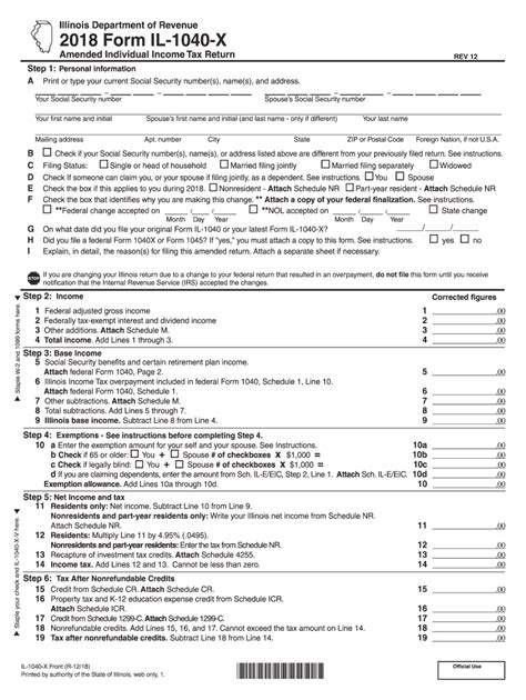 2018 Illinois 1040x Form Fill Out And Sign Printable Pdf Template