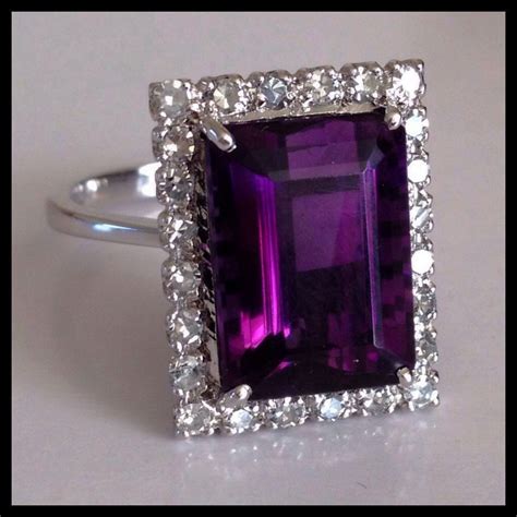 Retro Diamond Vivid Purple Amethyst 14k White Gold Vintage Ring