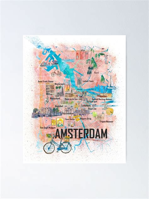 Amsterdam Netherlands Illustrated Map With Main Roads Landmarks And Highlights Poster By