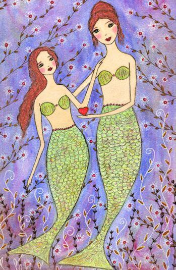 Mother And Daughter Mermaid Mixed Media Folk Art Painting By Sascalia