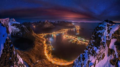 Cityscape Starry Night Lofoten Norway Mountains Sea Lights Snowy