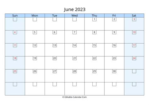 Download Editable 2023 Calendar June Weeks Start On Sunday