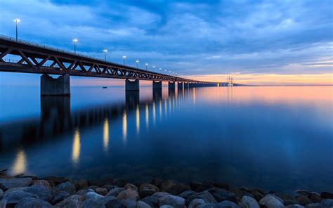 Sweden Bridge Lights Beach Stones Evening Sunset Sky Clouds