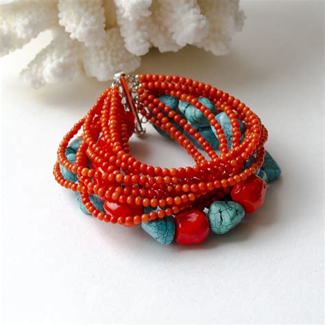 Multi Row Bracelet Of Coral And Turquoise Orange Etsy