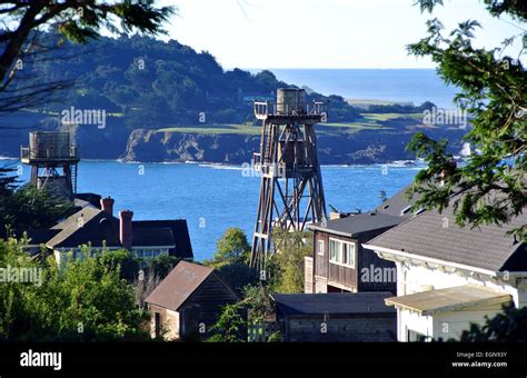 Vie Of Old Town Mendocino And Water Towers Along California Coast Stock