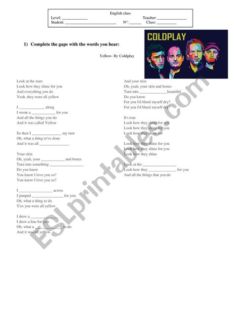 Yellow By Coldplay Esl Worksheet By Gustavorodrigues86