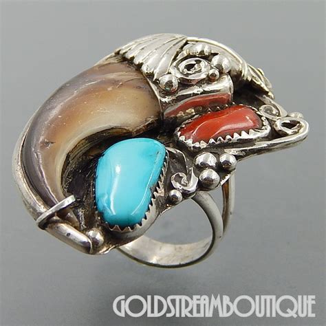 Native American Navajo Sterling Silver Coral Turquoise Bear Claw Men S