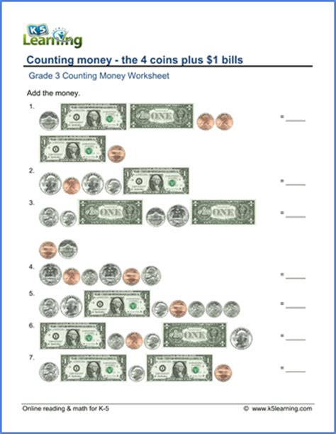 Our money worksheets are free to download, easy to use, and very flexible. Grade 3 Money Worksheet: counting the 4 coins plus $1 ...