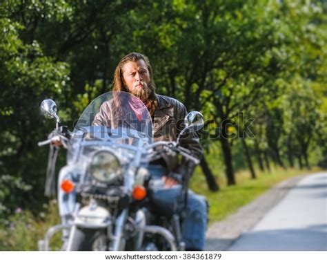 Portrait Biker Long Hair Beard Leather Stock Photo Edit Now 384361879