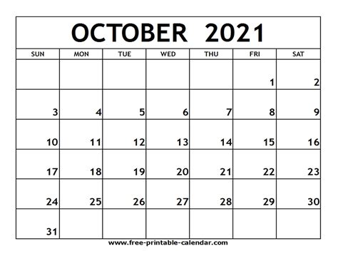 Free Printable October 2021 Calendar Free Printable 2021 Monthly Riset