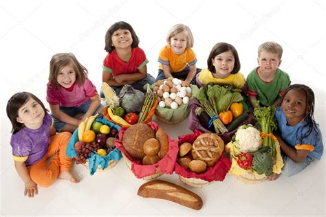 Healthy Eating Diverse Group Of Children Holding Baskets With The Food