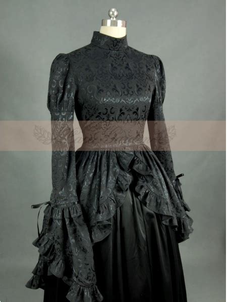 Black Satin Long Sleeves Gothic Victorian Dress Uk