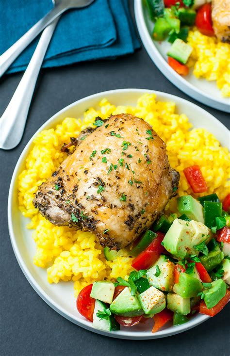 Crispy Baked Chicken Thighs With Garlic Turmeric Rice