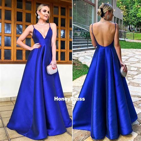 Honey Dress — Royal Blue Spaghetti Strap A Line Satin Prom Dress Blue