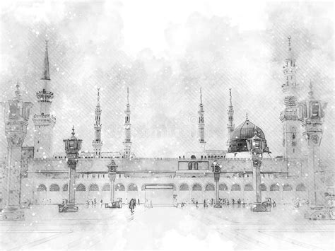 Watercolor Painting Sketch Of A Green Mosque With A Green Dome Prophet