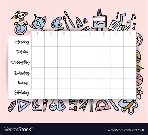 School Timetable Schedule Template Student Lesson Vector Image