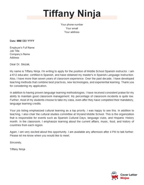 Entry requirements, salary, working hours and skills/competencies. Spanish Teacher Cover Letter Example - Cover Letter Ninjas