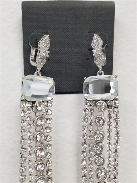Long Rhinestone Earrings Clear Crystal Silver Fringe Dangle Tassle Drop Jewelry By