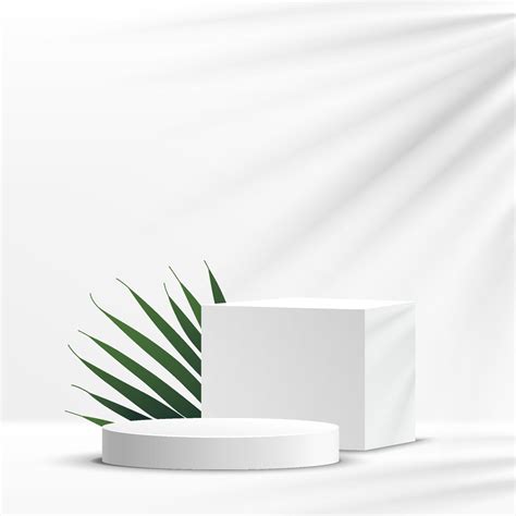 Modern White Geometric Pedestal Podium With Green Palm Leaf Platform