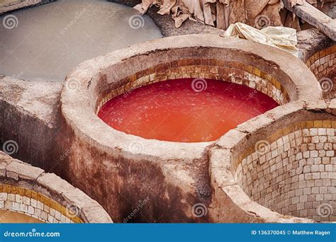 Leather Tannery Pit With Red Dye Stock Image Image Of Horizontal