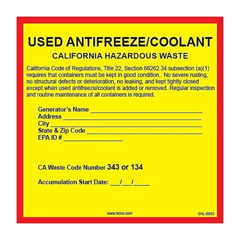Hcl California Used Antifreeze Pre Printed Hazardous Waste Label 6 X