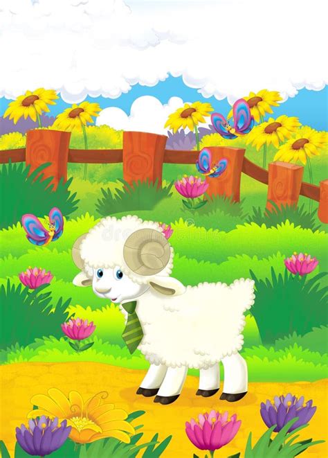 Cartoon Illustration With Sheep On The Farm Illu Stock Illustration