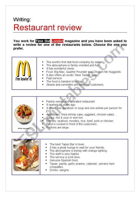 Writing A Restaurant Review Esl Worksheet By Moonsoler