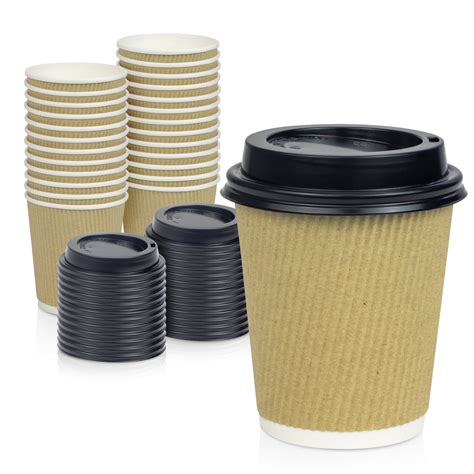 50 Pack Disposable Hot Cups With Lids 8 Oz Brown Double Wall