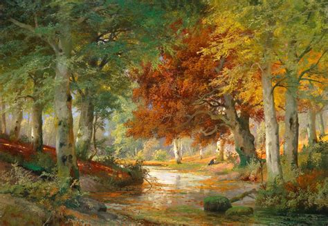 Beautiful Oil Painting Autumn Landscape With Brook Cross The Forest