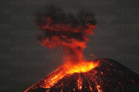 Indonesia Sumatra Krakatoa Volcano Erupting Stock Photo