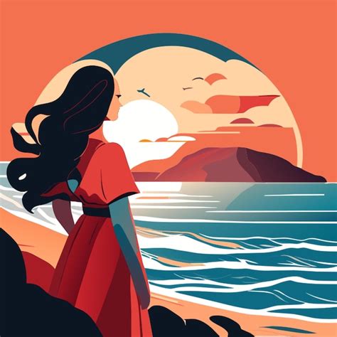 Premium Vector Alone Women Seaside Vector Illustration