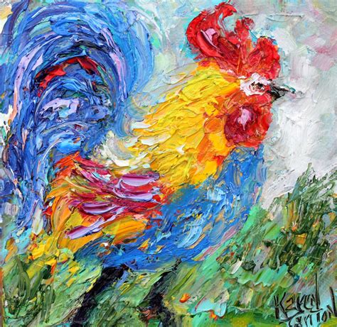 Rooster Painting Bird Art Original Oil Palette Knife Impressionism On