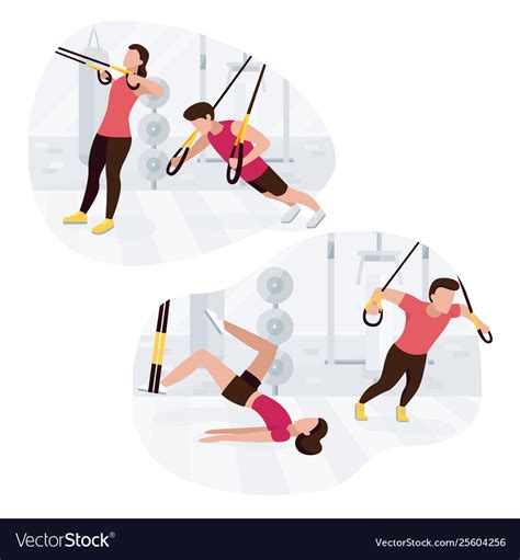 Fit People Working Out On Trx Doing Bodyweight Vector Image