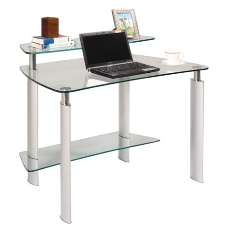 The computer desk has a metal base and glass top that ensures years of reliable use. Modern Desks | Mason Glass Computer Desk | Eurway