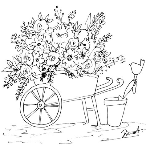 Wheelbarrow And Flowers Sketch Diane Antone Studio