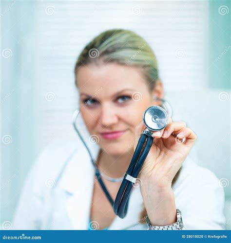 Female Doctor Is Holding A Black Stethoscope Stock Photo Image Of
