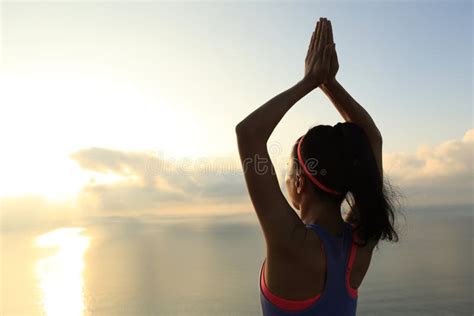 Yoga Woman Meditation At Sunrise Seaside Stock Photo Image Of