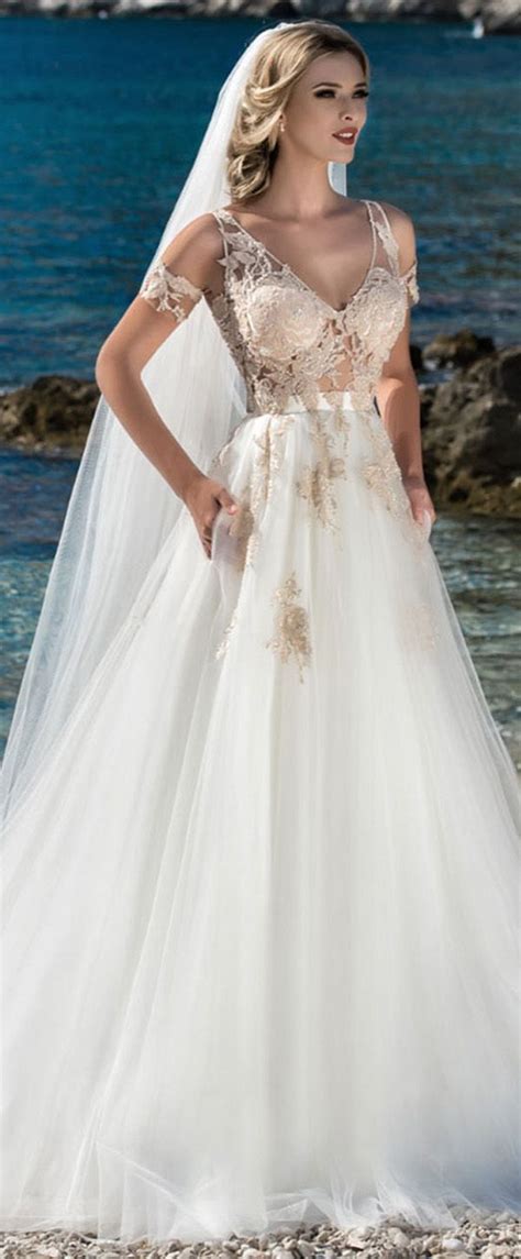 marvelous tulle v neck neckline see through bodice a line wedding dress with lace appliques p